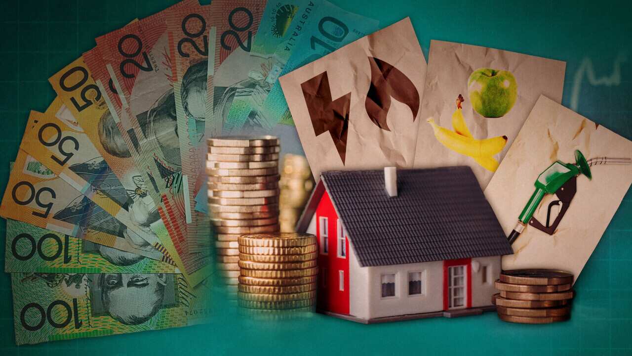 A miniature house surrounded by Australian currency and cards displaying expenditure symbols, set against a green background.