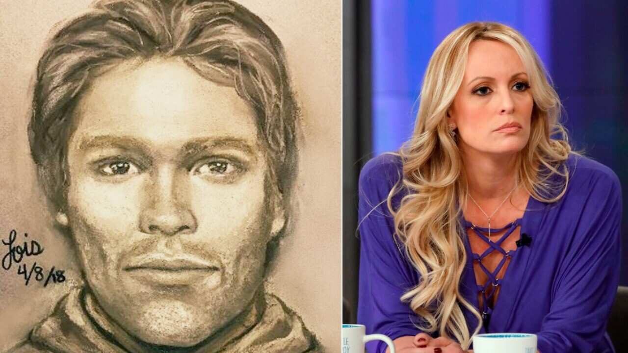 This artist's drawing released by attorney Michael Avenatti, purports to show the man that the adult film actress Stormy Daniels says threatened her