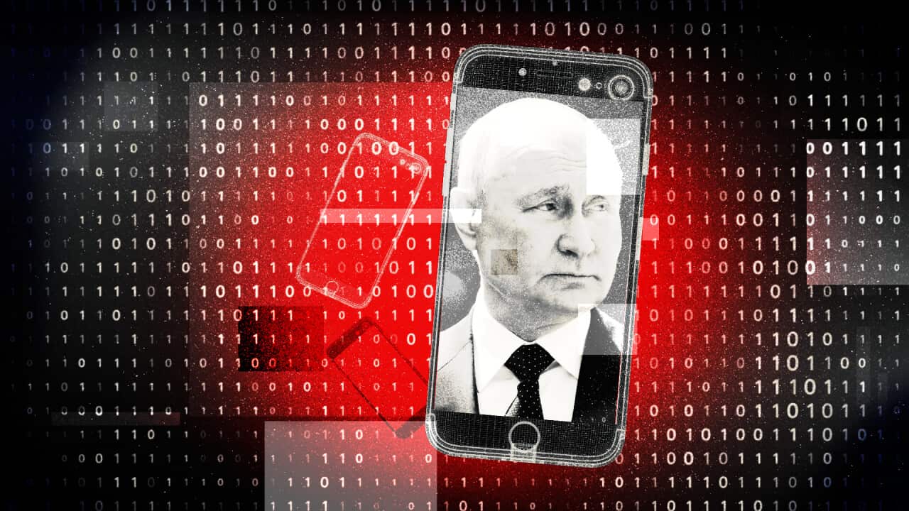 Graphic art showing a mobile phone featuring a black and white image of Vladimir Putin set against a red and black background with many 1s and 0s printed across it.