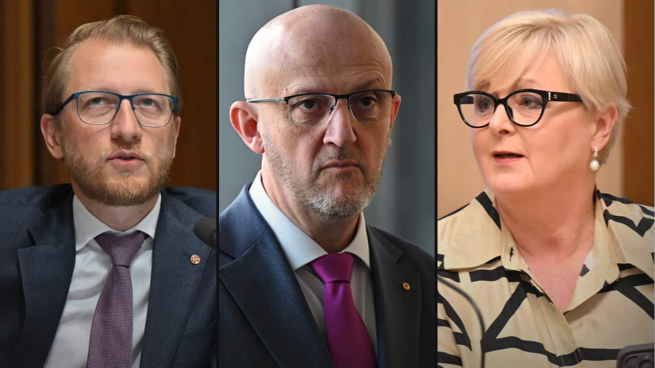 A split image. On the left is Liberal Senator James Paterson. In the middle is ASIO director-general Mike Burgess. On the right is Liberal Senator Linda Reynolds.