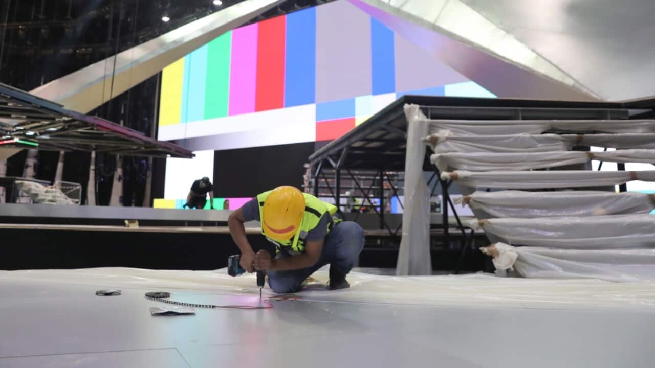 Stage workers build the stage of the Eurovision Song Contest at the Tel Aviv Expo Center in Tel Aviv, Israel, 15 April 2019. 
