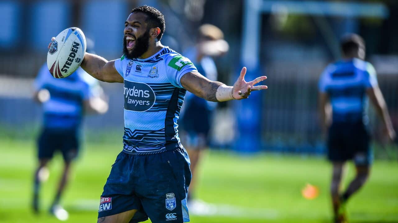 Josh Addo-Carr is seen in action during a NSW Blues State of Origin III training session in Sydney, Thursday, July 5, 2018. (AAP Image/Brendan Esposito) NO ARCHIVING