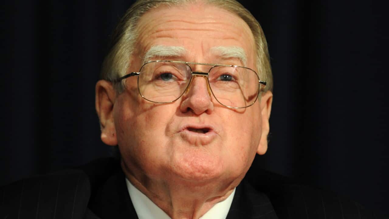 Fred Nile speaks at a press conference.