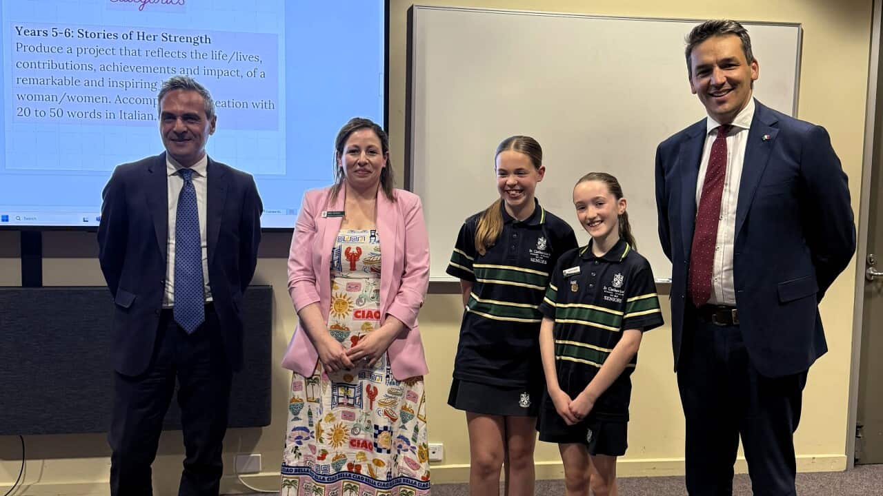 The award for the Y5-6 category went to St Catherine’s School: from left, Consul Ernesto Pianelli, teacher Maria Niedorfer, students Aliyah and Raphi and South Australian Education Minister Blair Boyer.