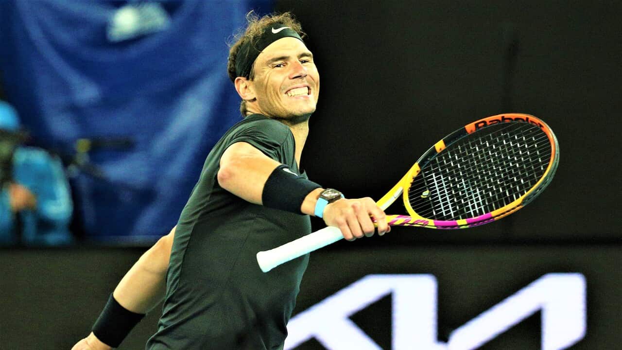 Rafael Nadal of Spain reacts to winning the match during his singles match against Maxime Cressy of the United States, Melbourne Summer Set tournament.