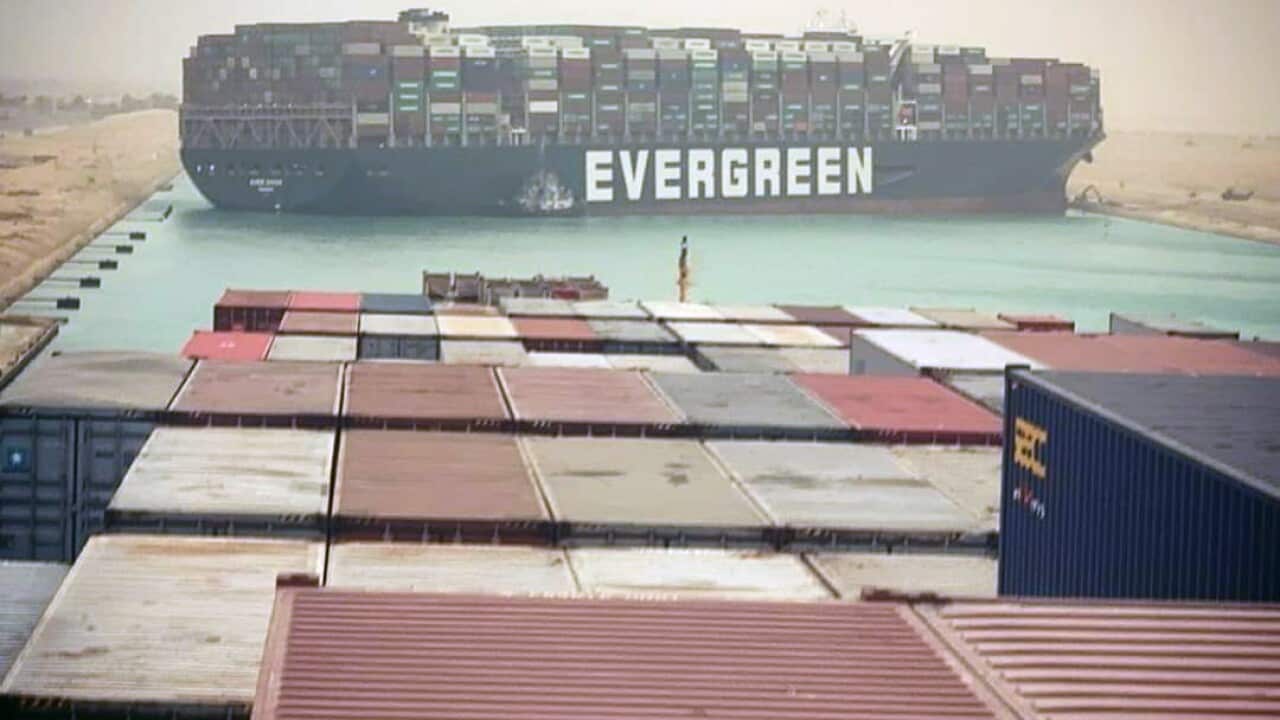 The Suez Canal is blocked by a large container ship in Cairo, Egypt.
