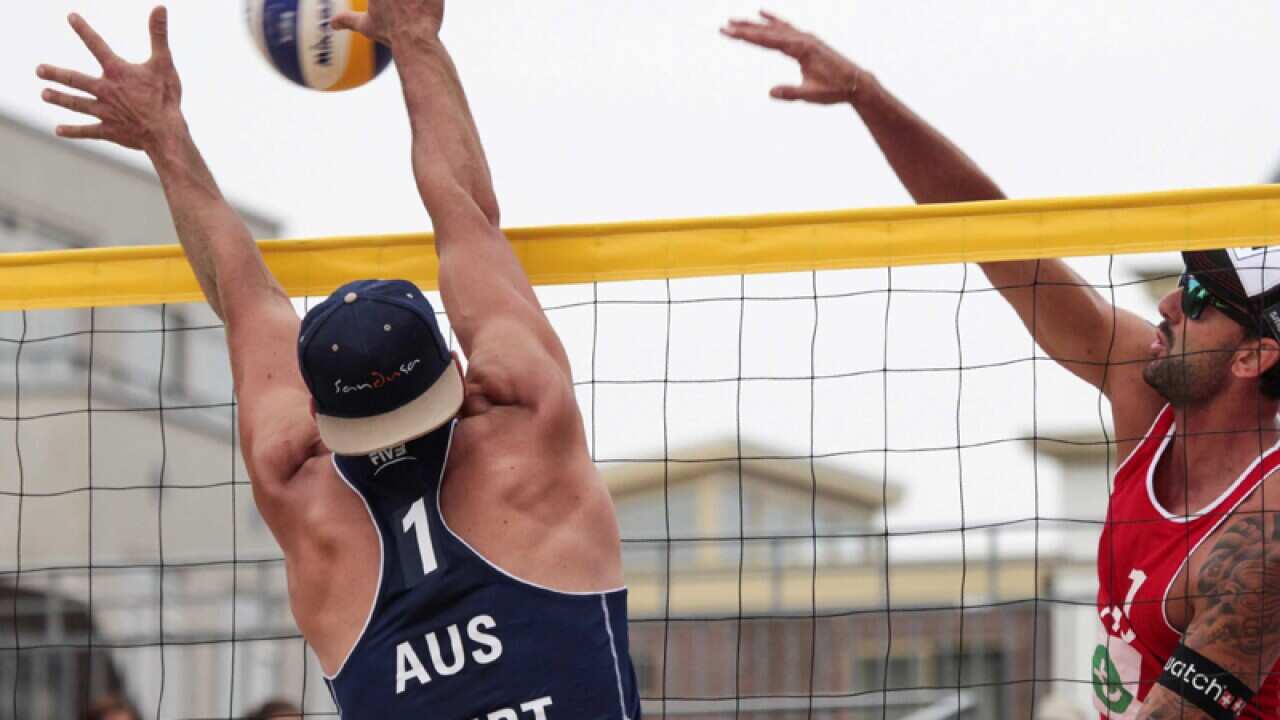 Austria vs Australia in the Beach Volleyball World Championships 2015.