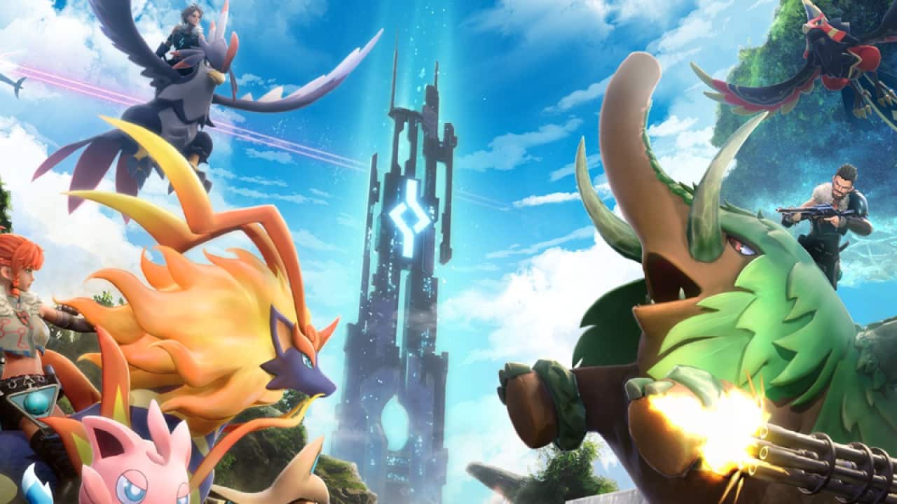 A still from gameplay in Palworld, featuring colourful creatures.