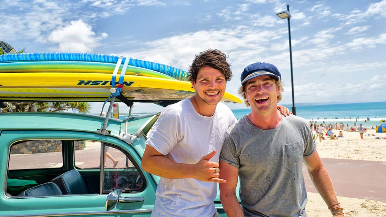 Dan Churchill and Hayden Quinn with GiGi the VW in Surfing the Menu, Next Generation.