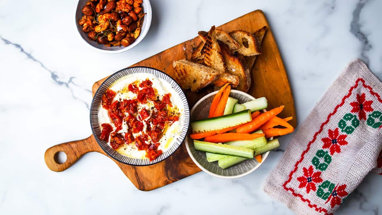 Whipped feta with semi-dried tomato and spiced nuts