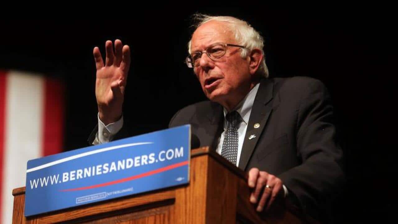 Democrats Senator Bernie Sanders addressing supporters after his Wisconsin presidential primary win. (AAP)