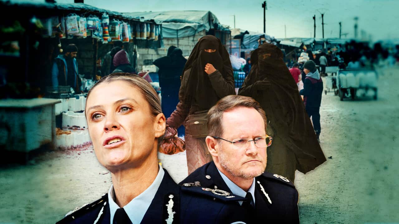 Graphic art of cut-out images of a policewoman and a policeman in uniform superimposed over women in black coverings at a refugee camp