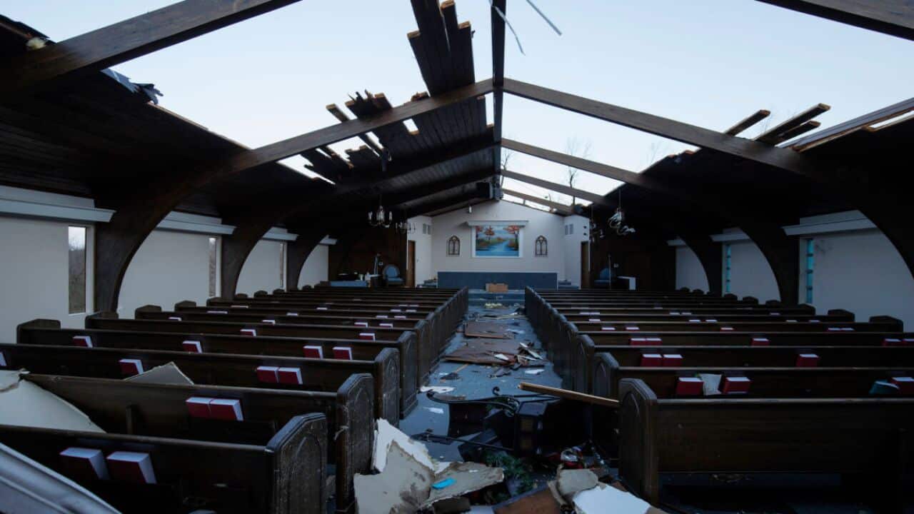 Interior view of tornado damage to Emmanuel Baptist Church on 11 December 2021 in Mayfield, Kentucky.