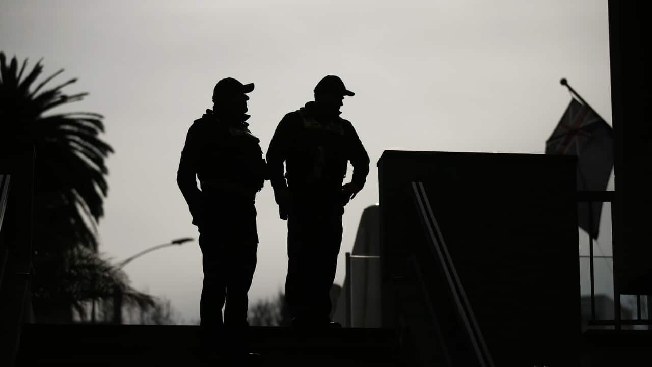 Protective service officers in Melbourne, July 10, 2020.