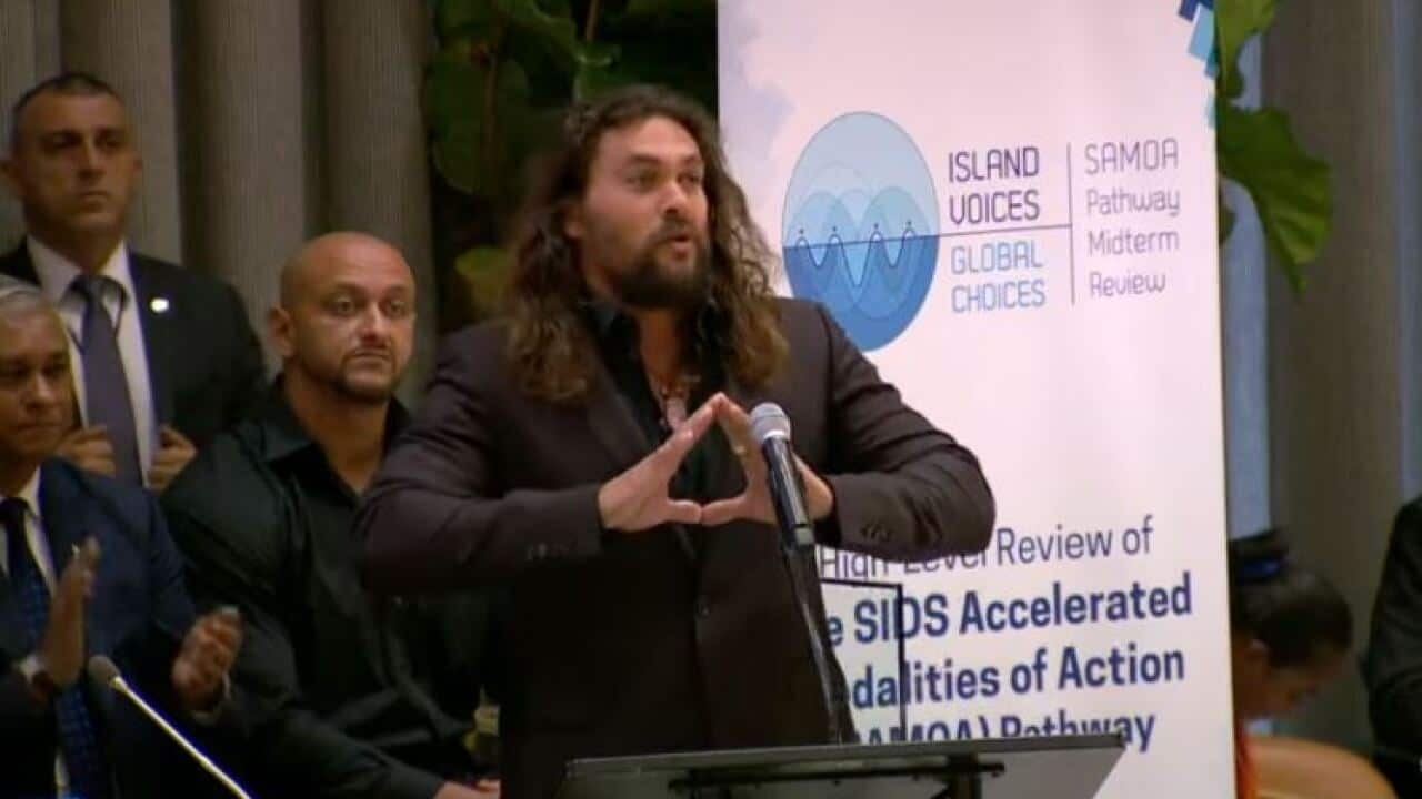 Actor Jason Momoa addresses the UN.