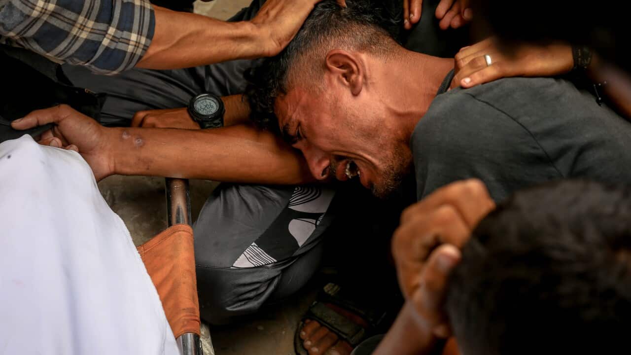 Relatives of Palestinians, who died as a result of Israeli attacks on different parts of Gaza City, mourn for their deceased ones at al-Shifa hospital