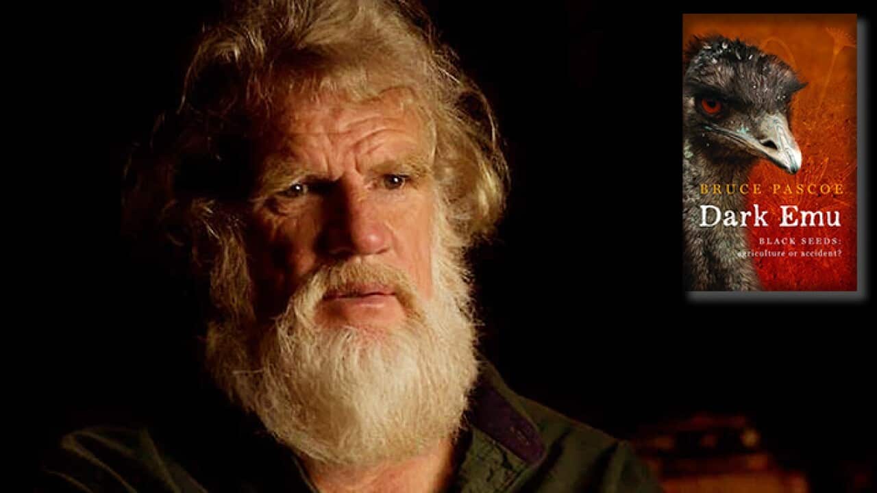Bruce Pascoe (inset: cover of his book titled, "Dark Emu")