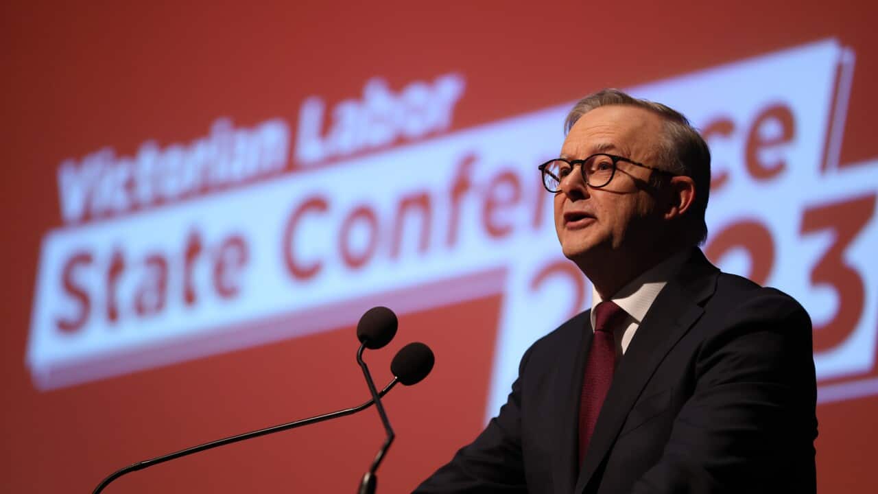 Australian Prime Minister Anthony Albanese speaks on stage at the 2023 Victorian Labor State Conference in Melbourne.
