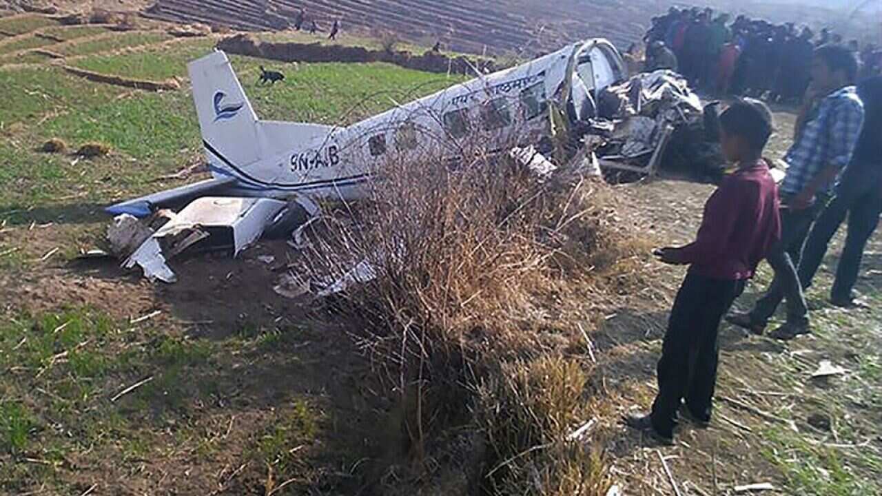 Kasthamandap Air plane which crashed in Kalikot district some 650 kms west of Kathmandu on February 26, 2016. Two pilots were killed when a small passenger plane crash landed in Nepal on February 26 but all nine passengers survived, an airport official sa