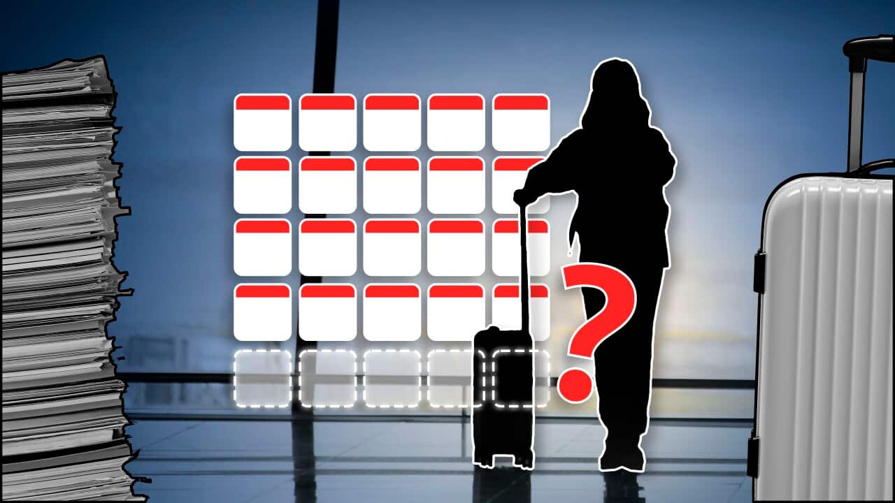 The outline of a person with a suitcase, against the backdrop of a calendar showing four weeks and a potential fifth week of annual leave.