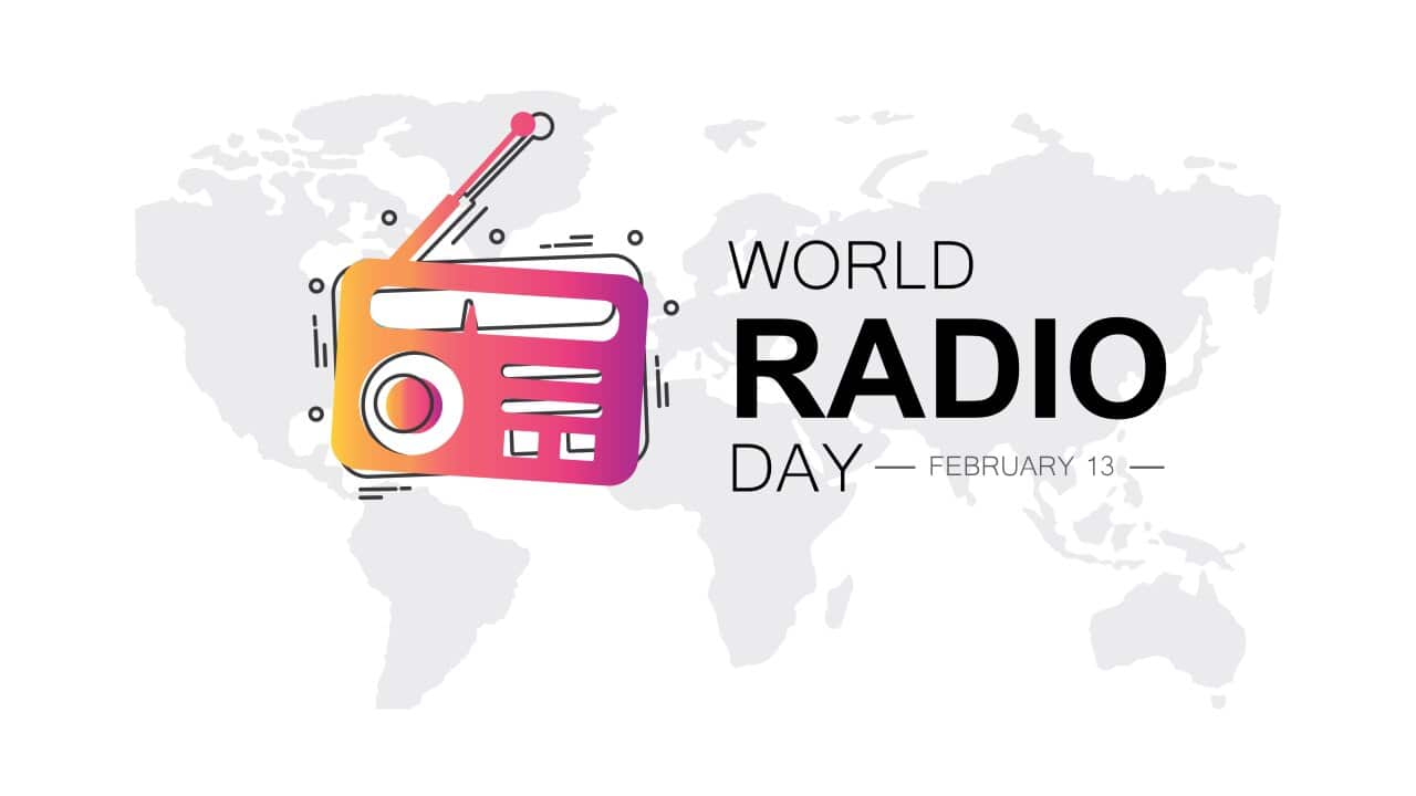 World Radio Day, international holiday card. February 13 graphic poster with earth globe map. Flat design style banner.