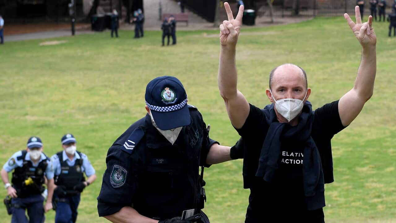 Police take a man for questioning ahead of a planned protest at Sydney Park in Sydney.