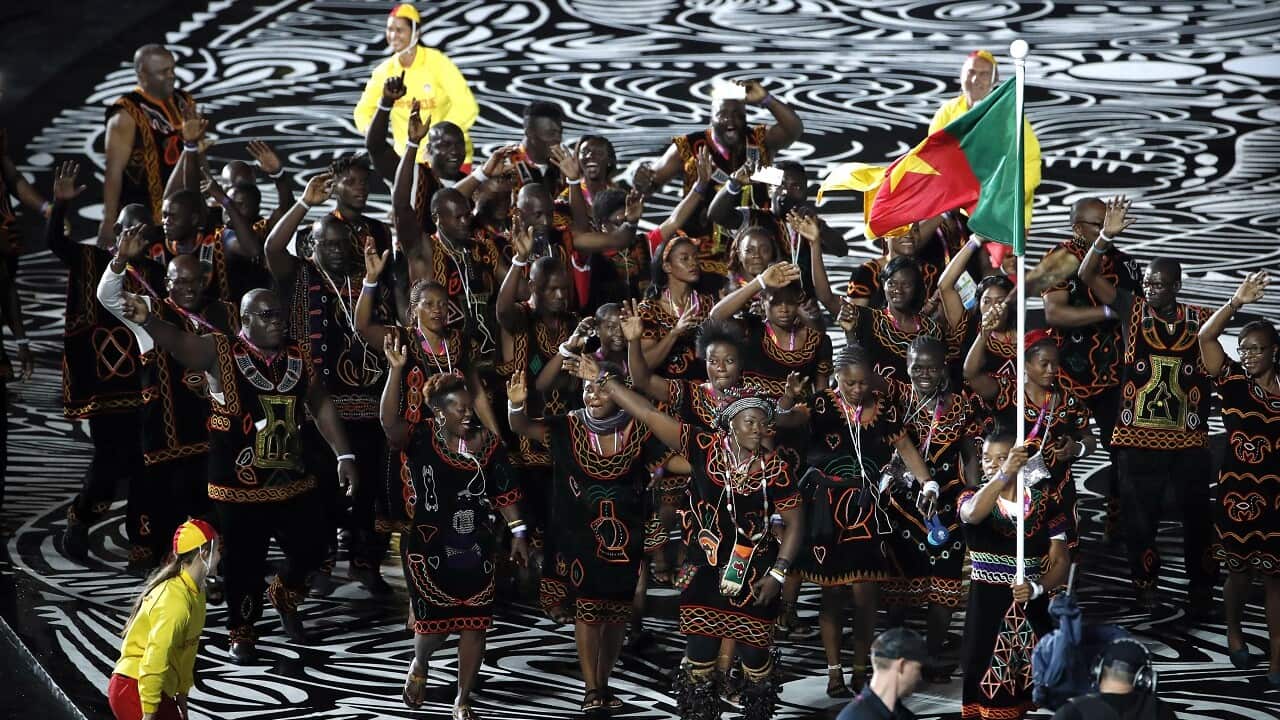 The Cameroon team at the Commonwealth Games opening ceremony. About 11 members of Cameroon's team are still in Australia (may not be pictured here).