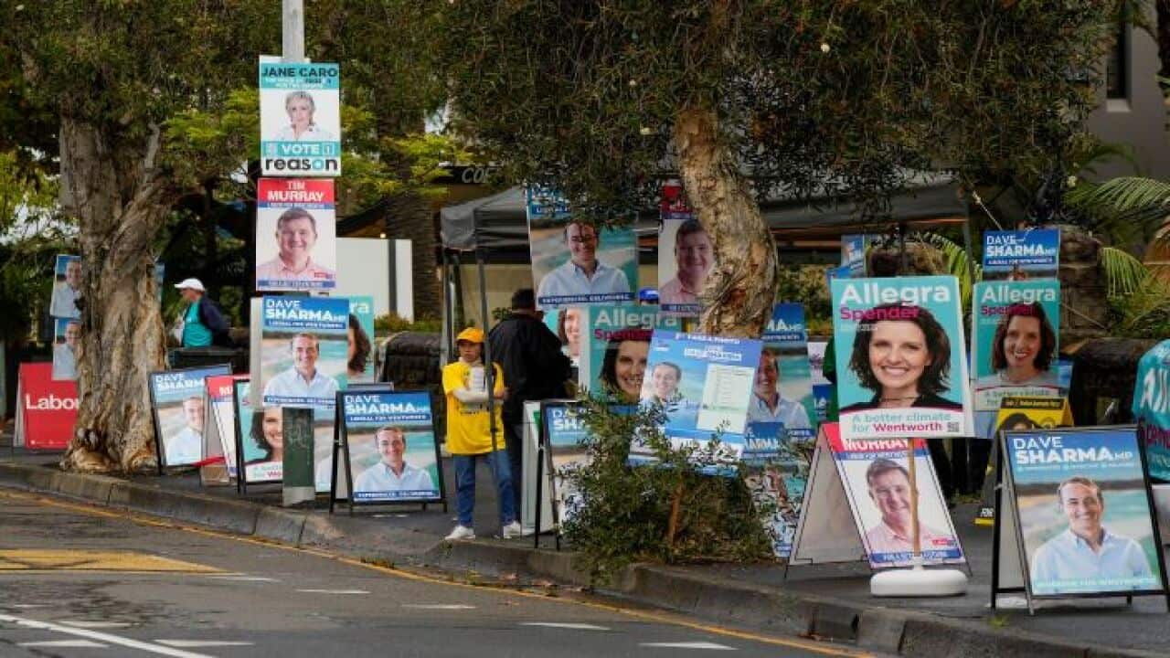Billboards for candidates outside a polling station in Sydney