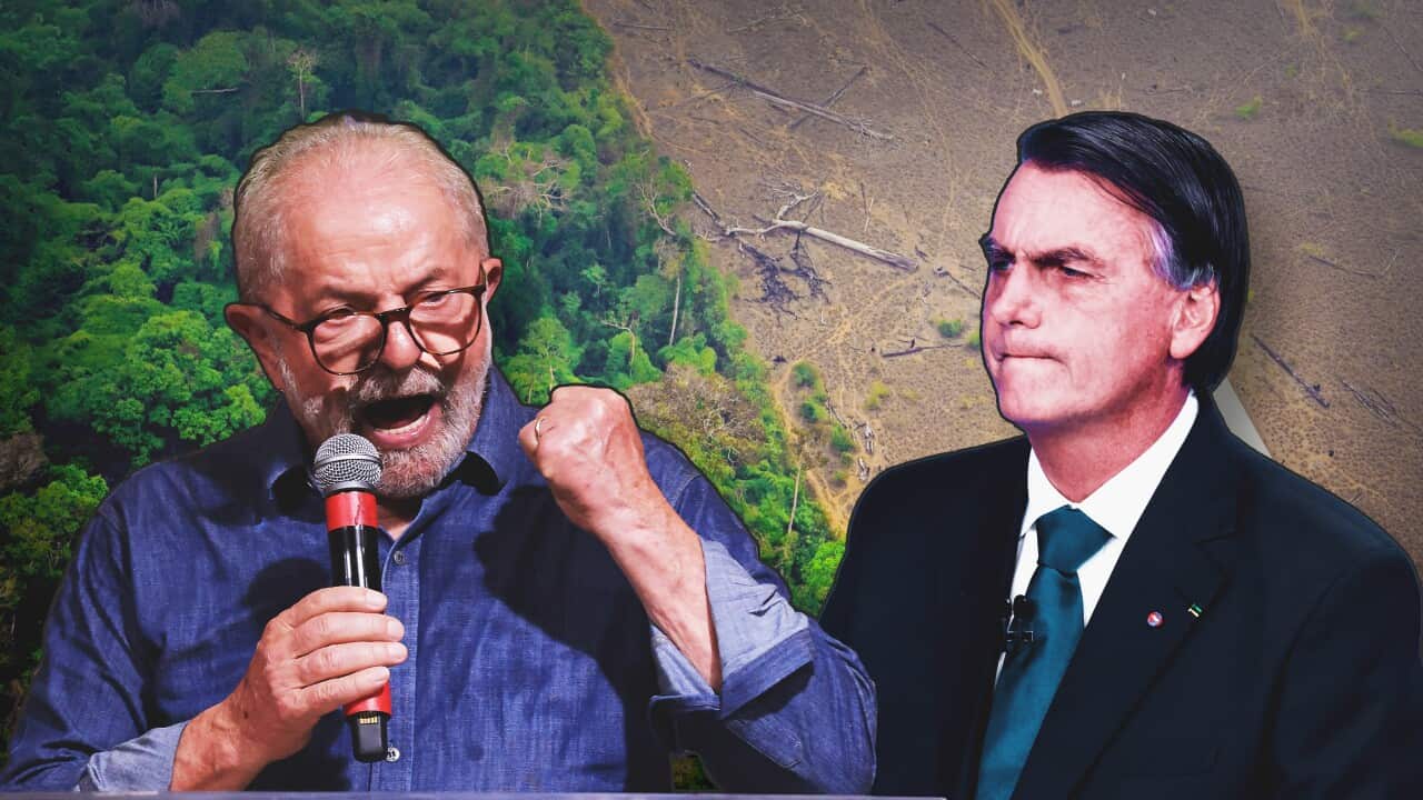 A composite image featuring Luiz Inácio Lula da Silva, Jair Bolsonaro and a photo of deforestation in the Amazon rainforest.