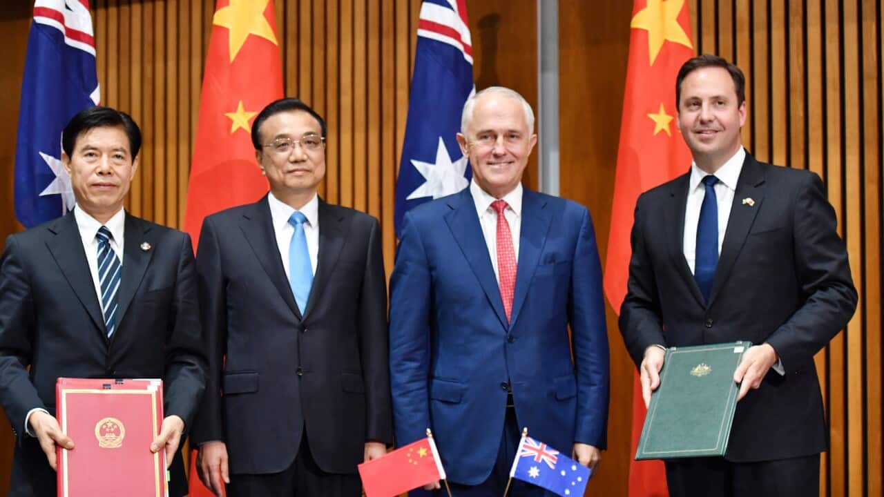 Trade minister Steve Ciobo (right) with Malcolm Turnbull and China's Zhong Shan and Li Keqiang. 