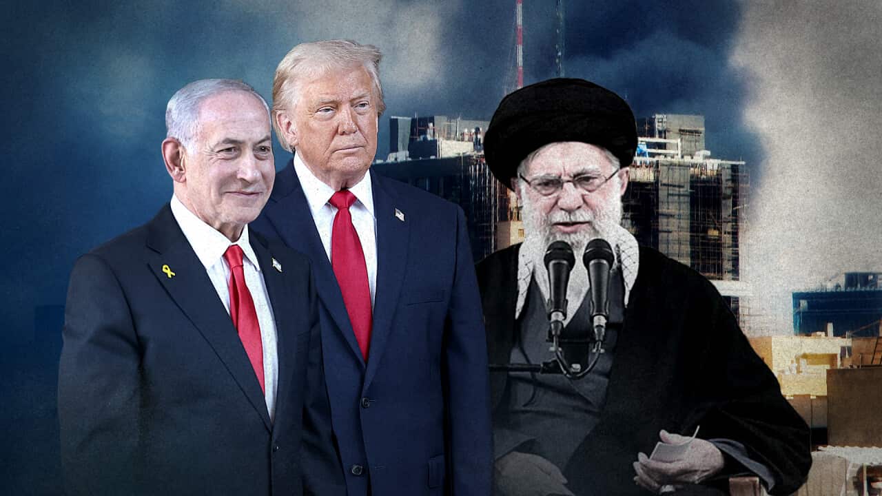 A composite image showing Benjamin Netanyahu, Donald Trump and Ali Khamenei