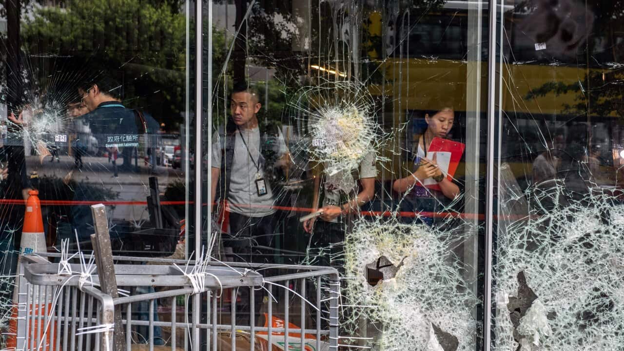 Damage to the Legislative Council building in Hong Kong is evident on Tuesday, July 2, 2019.