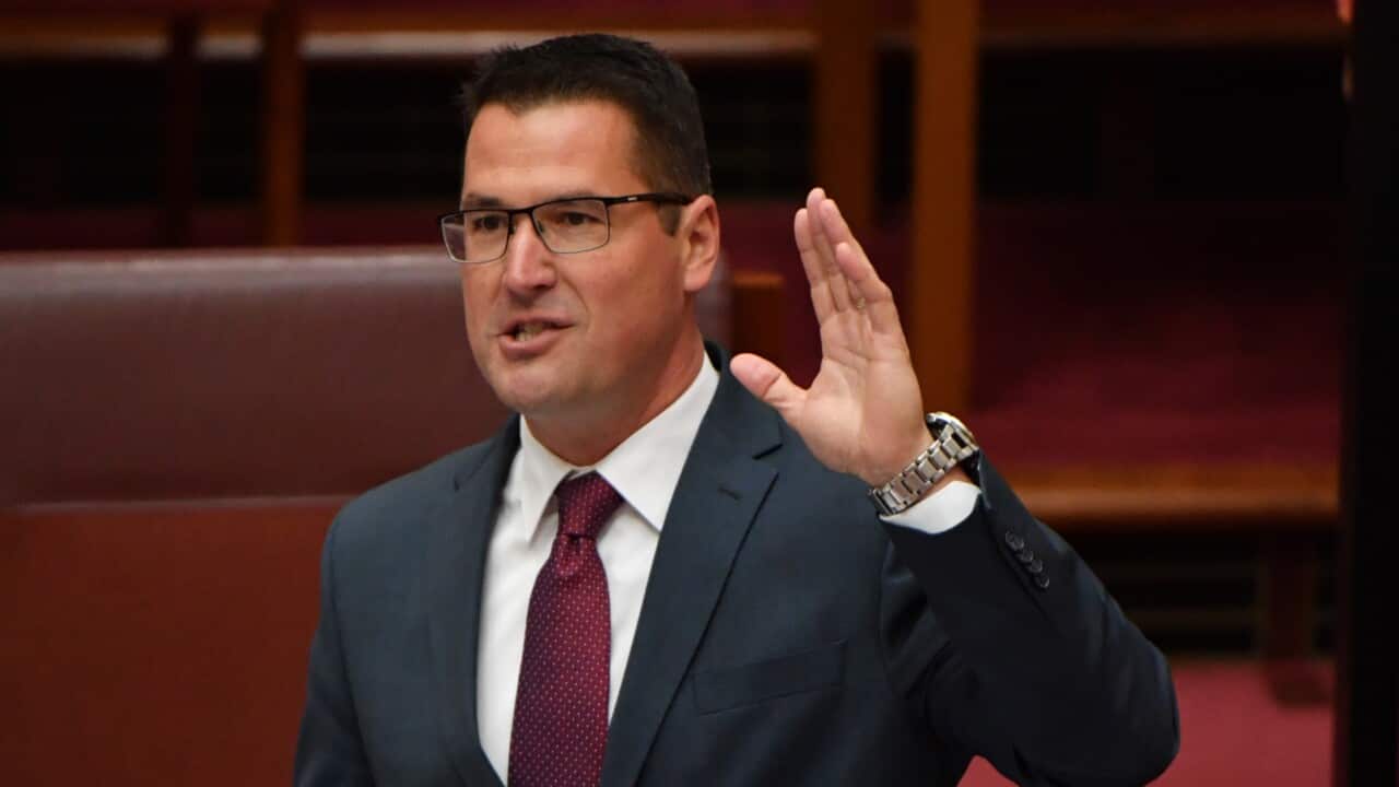 Minister for the Pacific Zed Seselja, wearing a suit and tie, holds up his left hand while standing in the Senate chamber in the federal parliament.