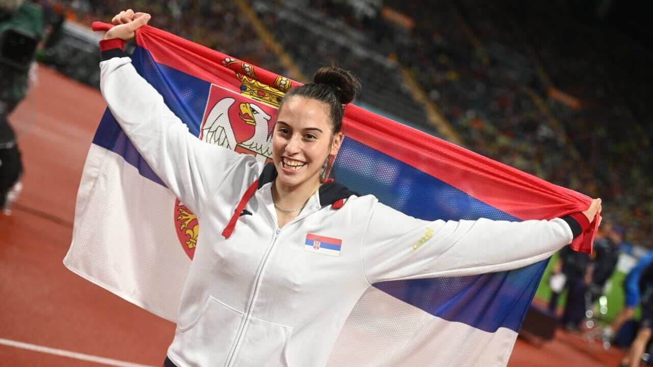 Adriana Vilagos of Serbia celebrates winning the women's javelin throw silver medal at the European Championships Munich 2022