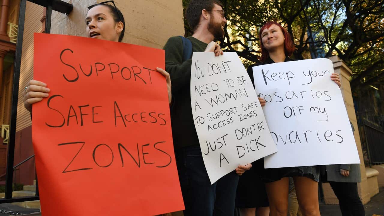 Demonstrators calling for safe access zones around abortion clinics stand outside the NSW State Parliament.
