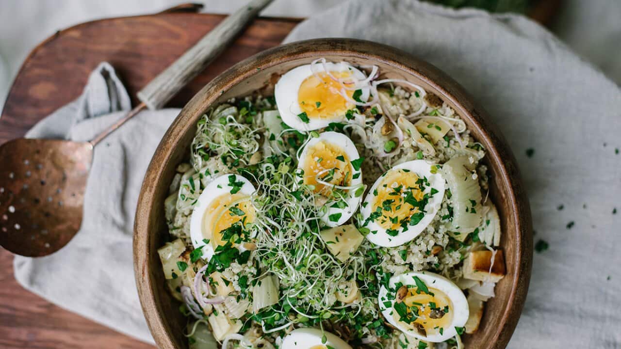 Quinoa, apple and roasted fennel and parsnip salad with raw honey vinaigrette