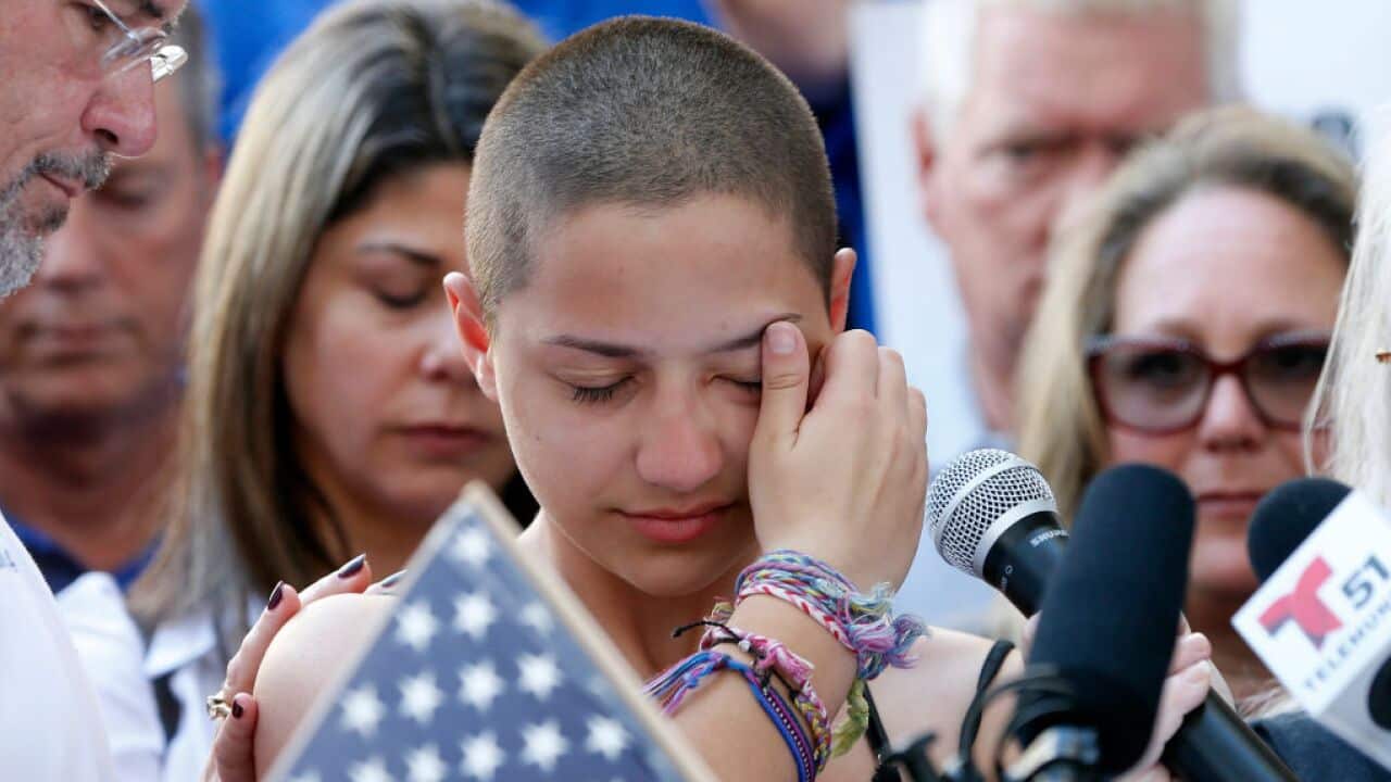 Marjory Stoneman Douglas High School student Emma Gonzalez speaks at a rally for gun control at the Broward County Federal Courthouse in Fort Lauderdale, Florida on February 17, 2018.