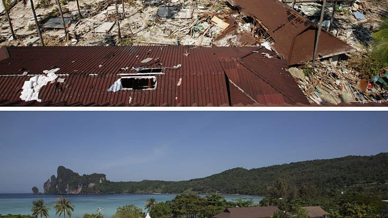 All over Ton Sai Bay, the heart of Koh Phi Phi shops, restaurants and bungalows were totally wiped out following a Tsunami December 28, 2004 on Phi Phi Island, Thailand. 