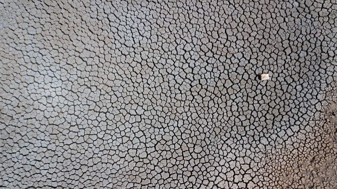 An aerial view of a dried up dam at Cottonvale apple orchard, outside the drought ravaged town of Stanthorpe,  south west of Brisbane, Friday, October 4, 2019