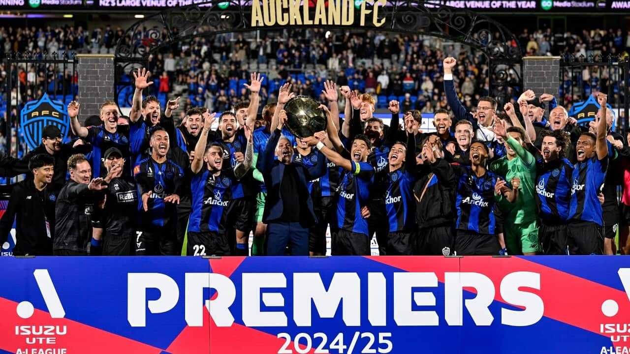 Auckland FC players celebrate winning the A-League Premier Plate during the A-League Men Round 28 match between Auckland FC and Perth Glory at Go Media Stadium in Auckland, New Zealand