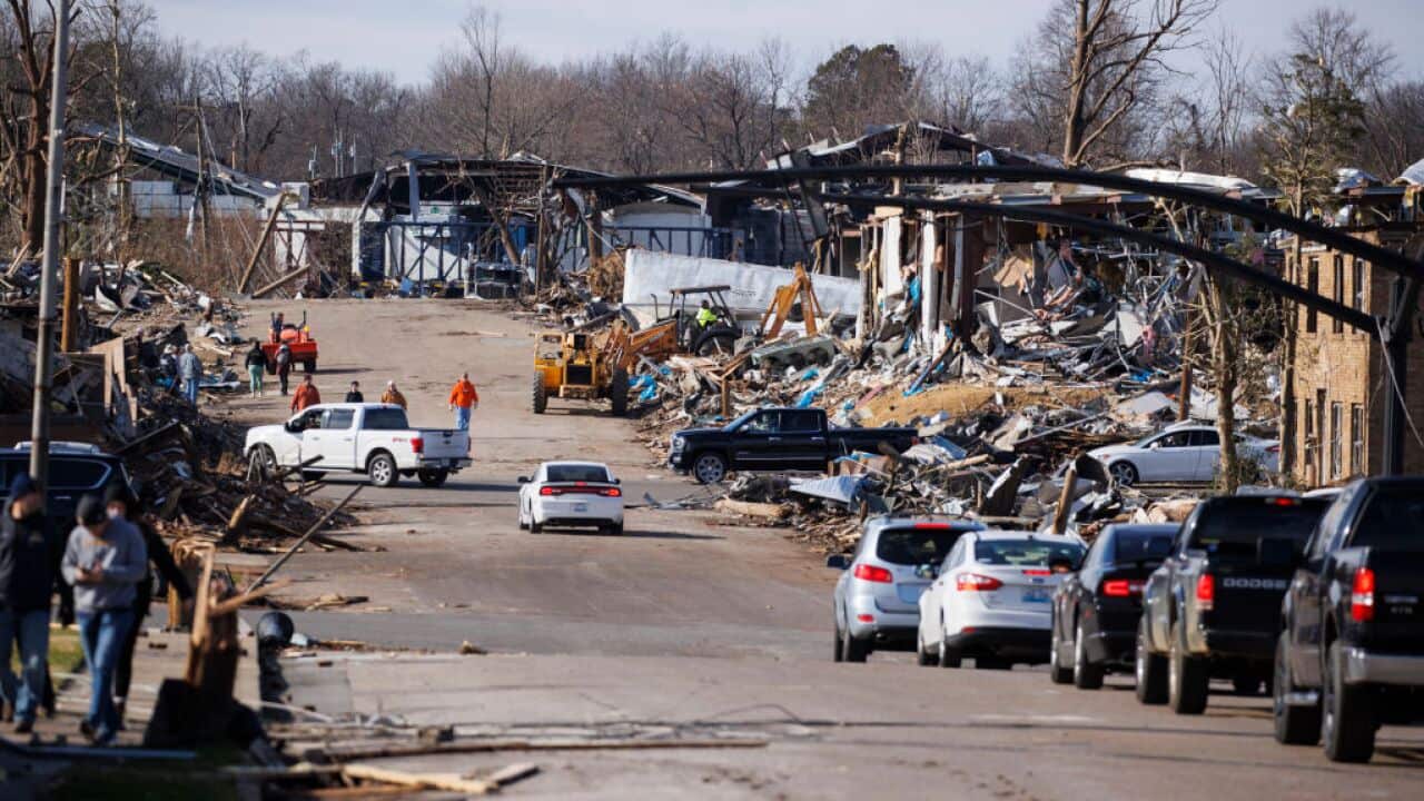 General view of tornado damaged structures on 11 December 2021 in Mayfield, Kentucky.