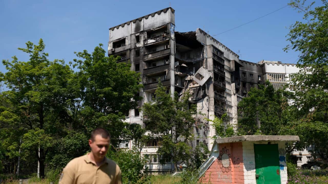 A residential complex damaged by Russian bombardment is pictured in the Saltivka district of Kharkiv (AAP).jpg