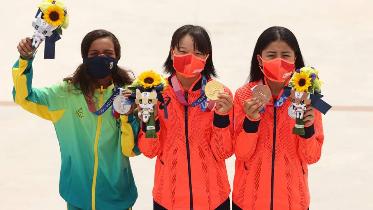 TOKYO, JAPAN - JULY 26: (L-R) Rayssa Leal of Team Brazil, winner of the silver medal, and Momiji Nishiya, winner of the gold medal, and Funa Nakayama, winner of the bronze medal, of Team Japan.