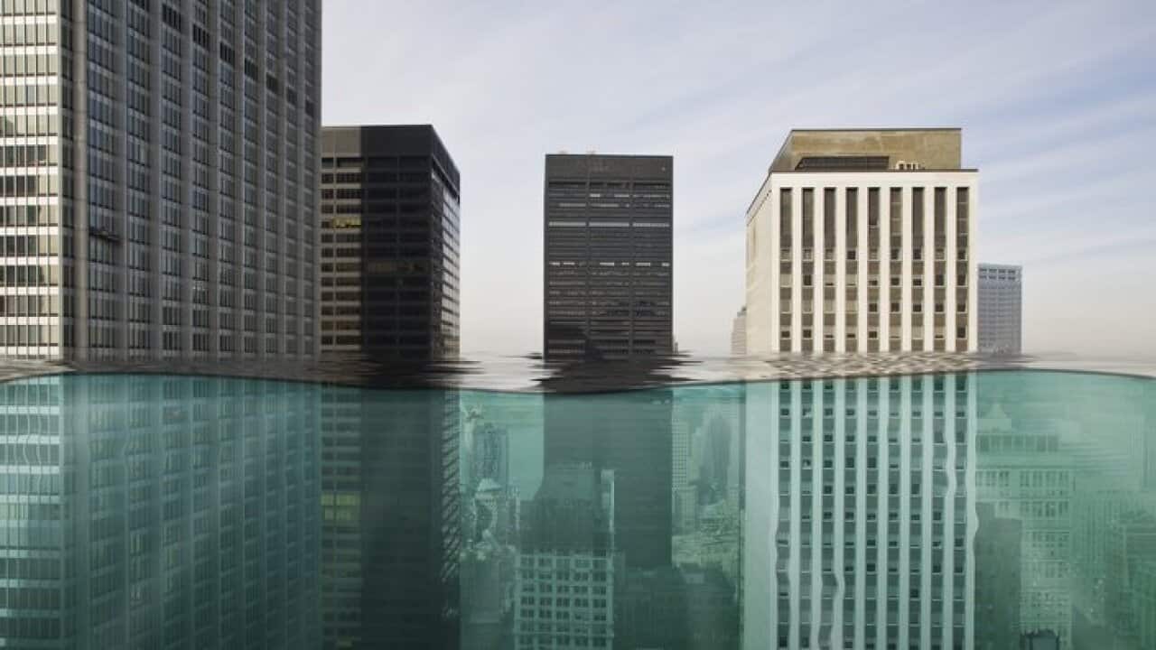 Skyscapers submerged in water