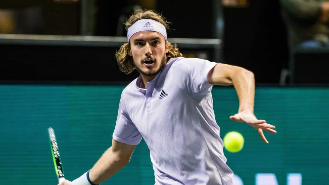 Stefanos Tsitsipas of Greece in action during his first round match against Hubert Hurkacz from Poland at the ABN AMRO World Tennis Tournament in Rotterdam, Netherlands, 11 February 2020.