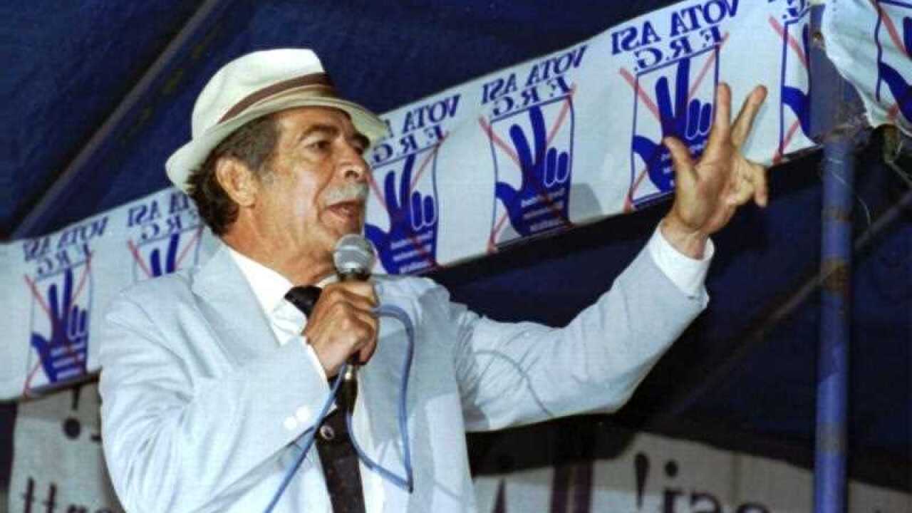 In this Nov. 4, 1995 file photo, former dictator Efrain Rios Montt speaks to supporters during a campaign closing of the Guatemalan Republican Front party in Guatemala City.
