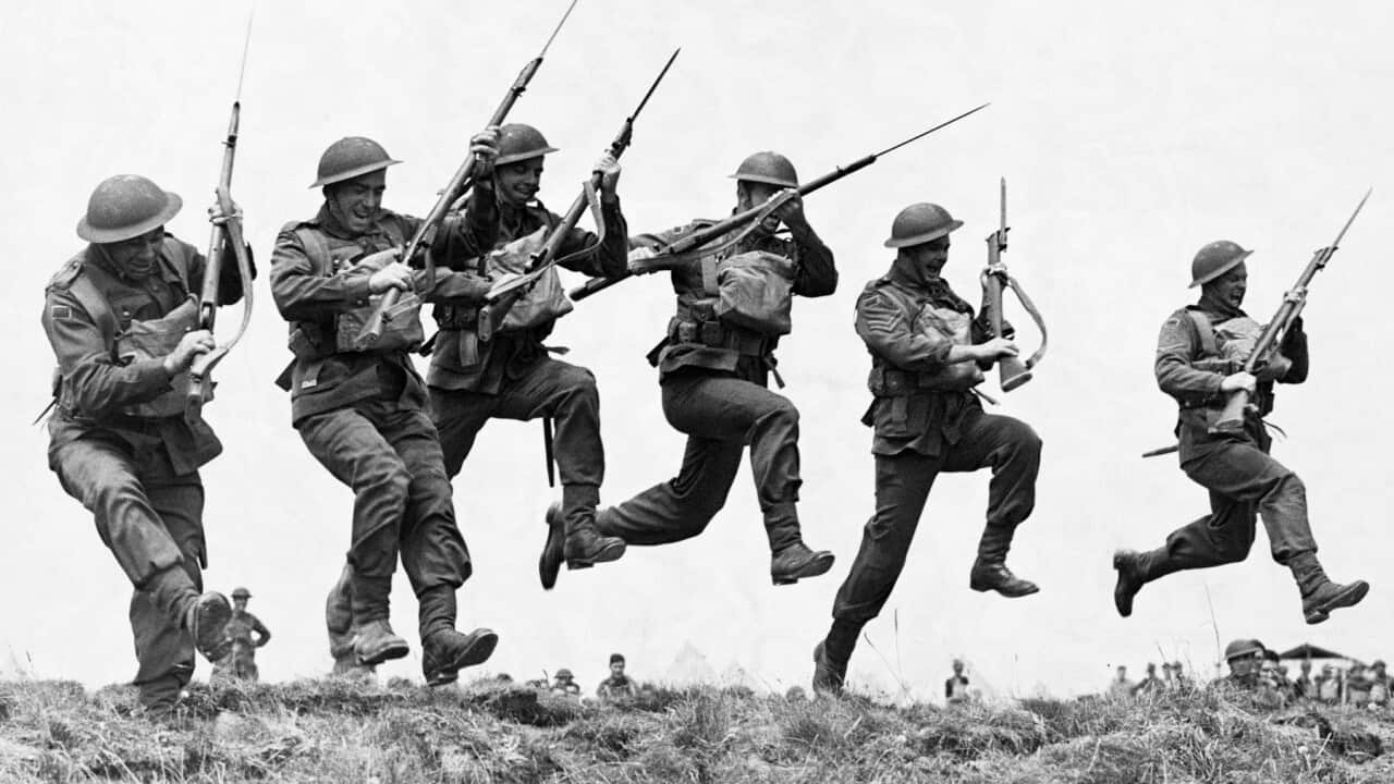 Australian soldiers practice their bayonet charge at their training camp in England during World War II. 1940.