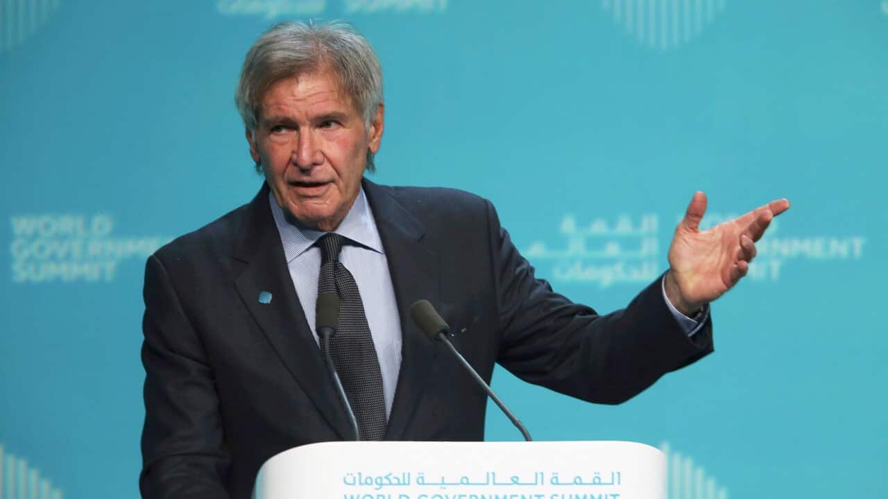 American actor Harrison Ford speaks about ocean conservation at the World Government Summit in Dubai.