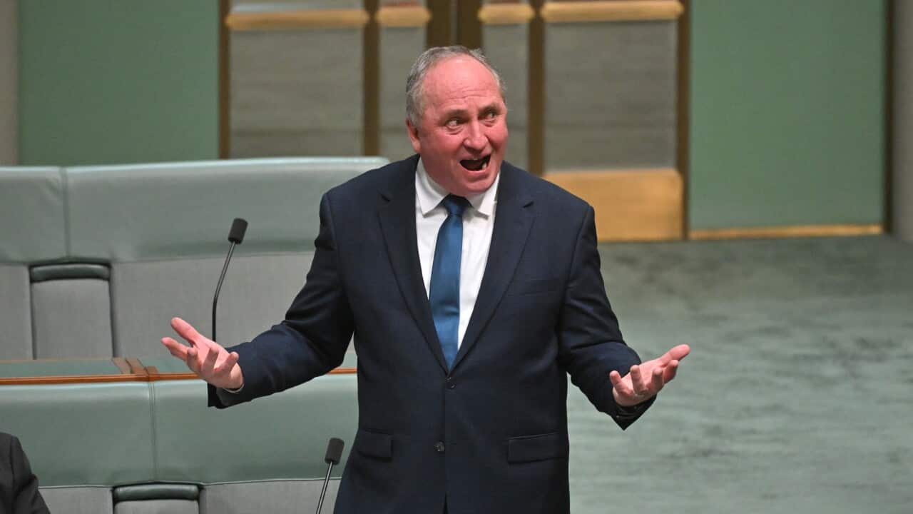 A man in a suit gestures with two hands raised at a parliament chamber