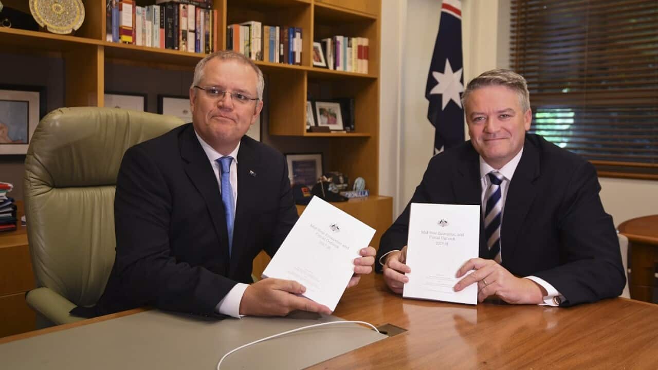 Scott Morrison (left) and Finance Minister Mathias Cormann (right) ahead of handing down the Mid-Year Economic and Fiscal Outlook.